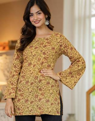Yellow floral printed cotton tunic short kurti top for women 1