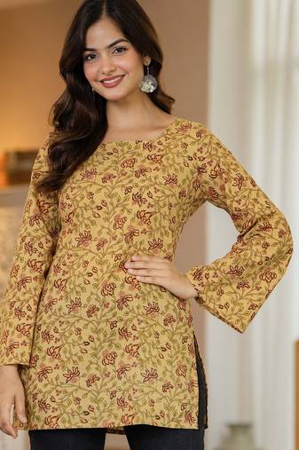 Yellow floral printed cotton tunic short kurti top for women