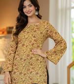 Yellow floral printed cotton tunic short kurti top for women