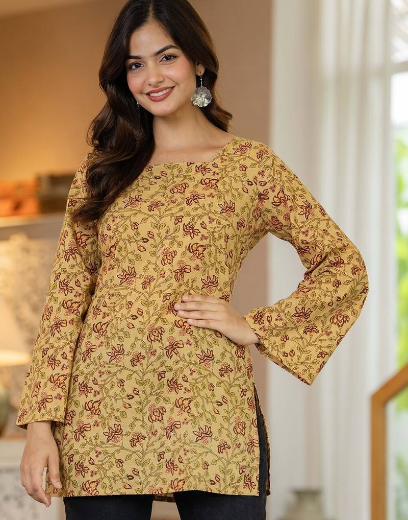 Yellow floral printed cotton tunic short kurti top for women