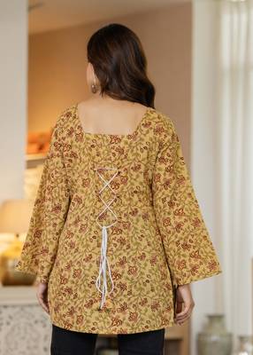 Yellow floral printed cotton tunic short kurti top for women 2