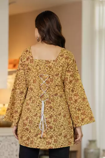 Yellow floral printed cotton tunic short kurti top for women