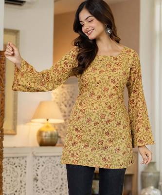 Yellow floral printed cotton tunic short kurti top for women 3