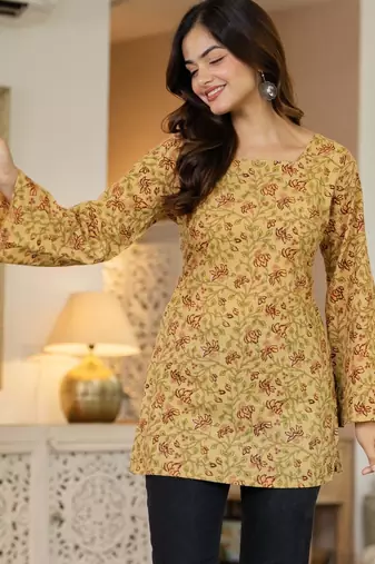 Yellow floral printed cotton tunic short kurti top for women