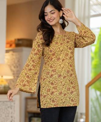 Yellow floral printed cotton tunic short kurti top for women 4