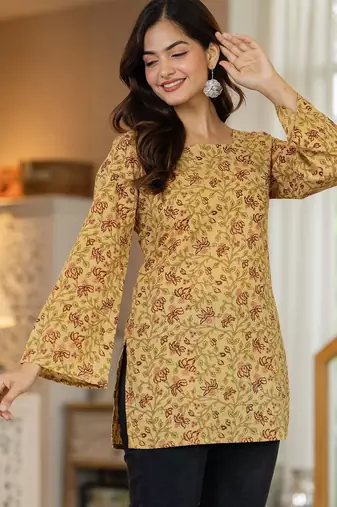 Yellow floral printed cotton tunic short kurti top for women
