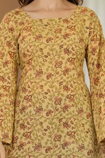 Yellow floral printed cotton tunic short kurti top for women