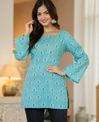 Turquoise floral printed cotton tunic short kurti top for women 1