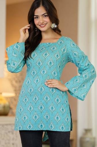 Turquoise floral printed cotton tunic short kurti top for women