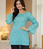 Turquoise floral printed cotton tunic short kurti top for women