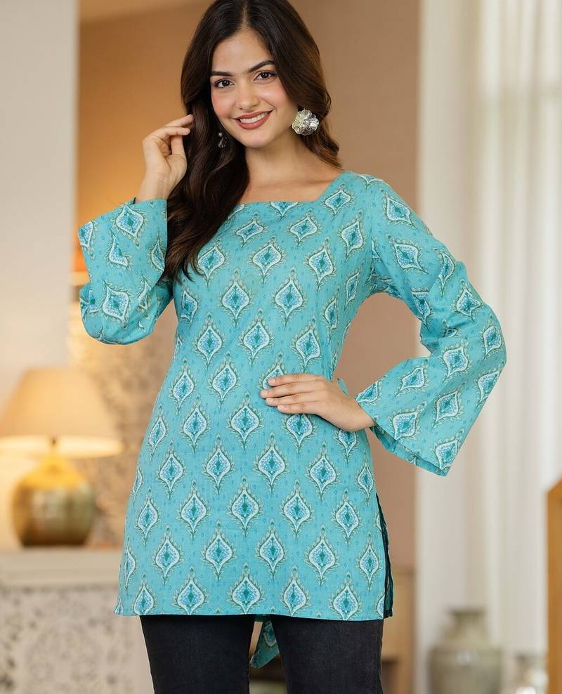 Turquoise floral printed cotton tunic short kurti top for women