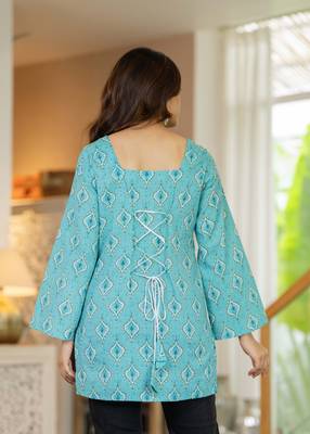 Turquoise floral printed cotton tunic short kurti top for women 2