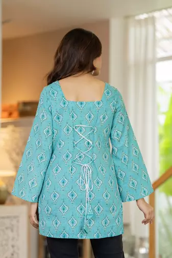 Turquoise floral printed cotton tunic short kurti top for women