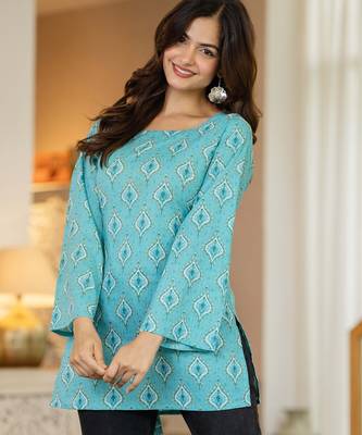 Turquoise floral printed cotton tunic short kurti top for women 3