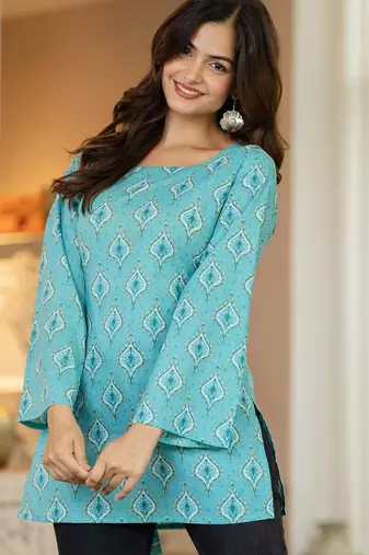 Turquoise floral printed cotton tunic short kurti top for women