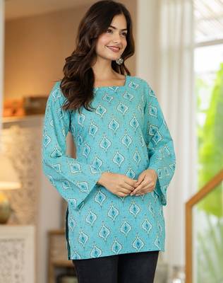 Turquoise floral printed cotton tunic short kurti top for women 4