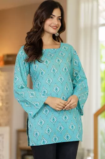 Turquoise floral printed cotton tunic short kurti top for women