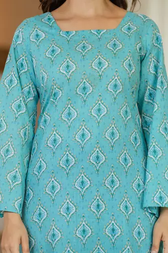 Turquoise floral printed cotton tunic short kurti top for women