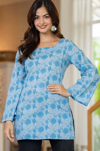 Blue floral printed cotton tunic short kurti top for women