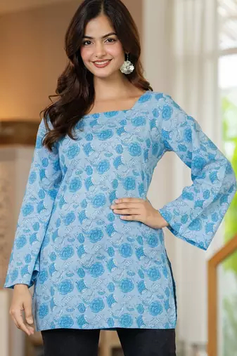 Blue floral printed cotton tunic short kurti top for women