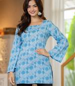 Blue floral printed cotton tunic short kurti top for women
