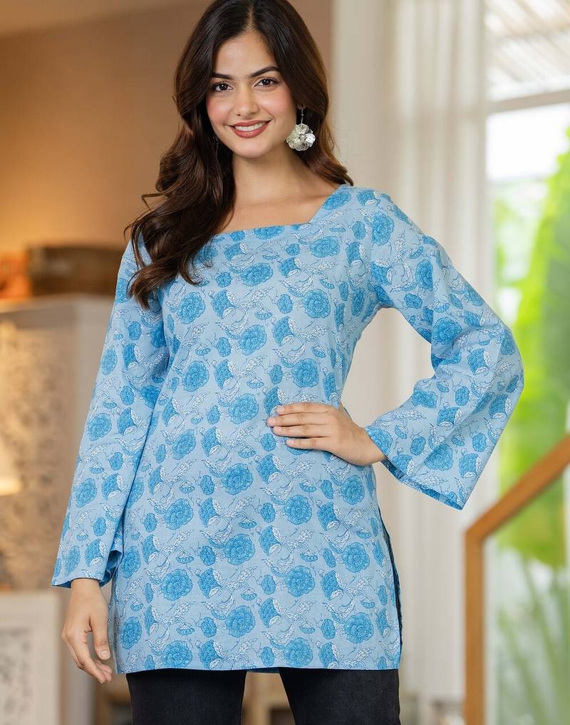 Blue floral printed cotton tunic short kurti top for women