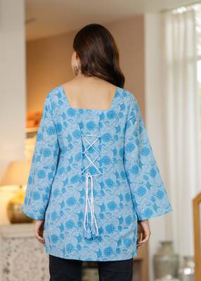 Blue floral printed cotton tunic short kurti top for women 2