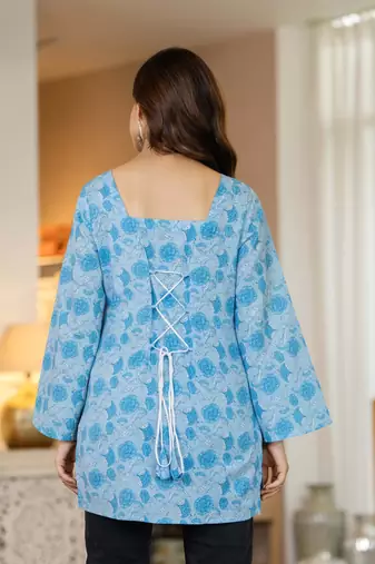 Blue floral printed cotton tunic short kurti top for women