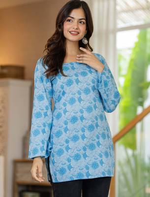 Blue floral printed cotton tunic short kurti top for women 3