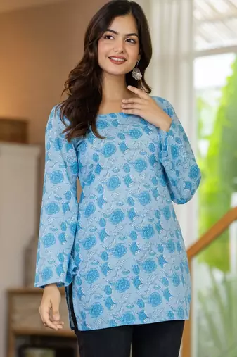 Blue floral printed cotton tunic short kurti top for women