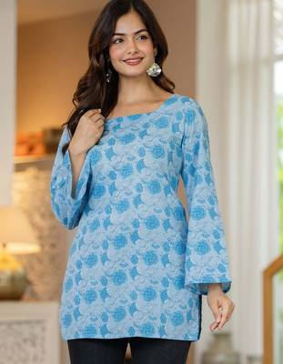 Blue floral printed cotton tunic short kurti top for women 4