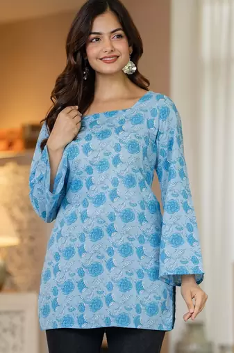 Blue floral printed cotton tunic short kurti top for women