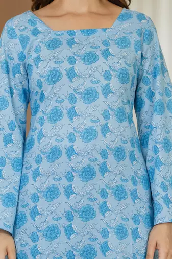 Blue floral printed cotton tunic short kurti top for women
