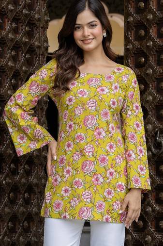 Yellow floral printed cotton tunic short kurti top for women