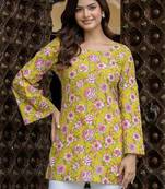 Yellow floral printed cotton tunic short kurti top for women