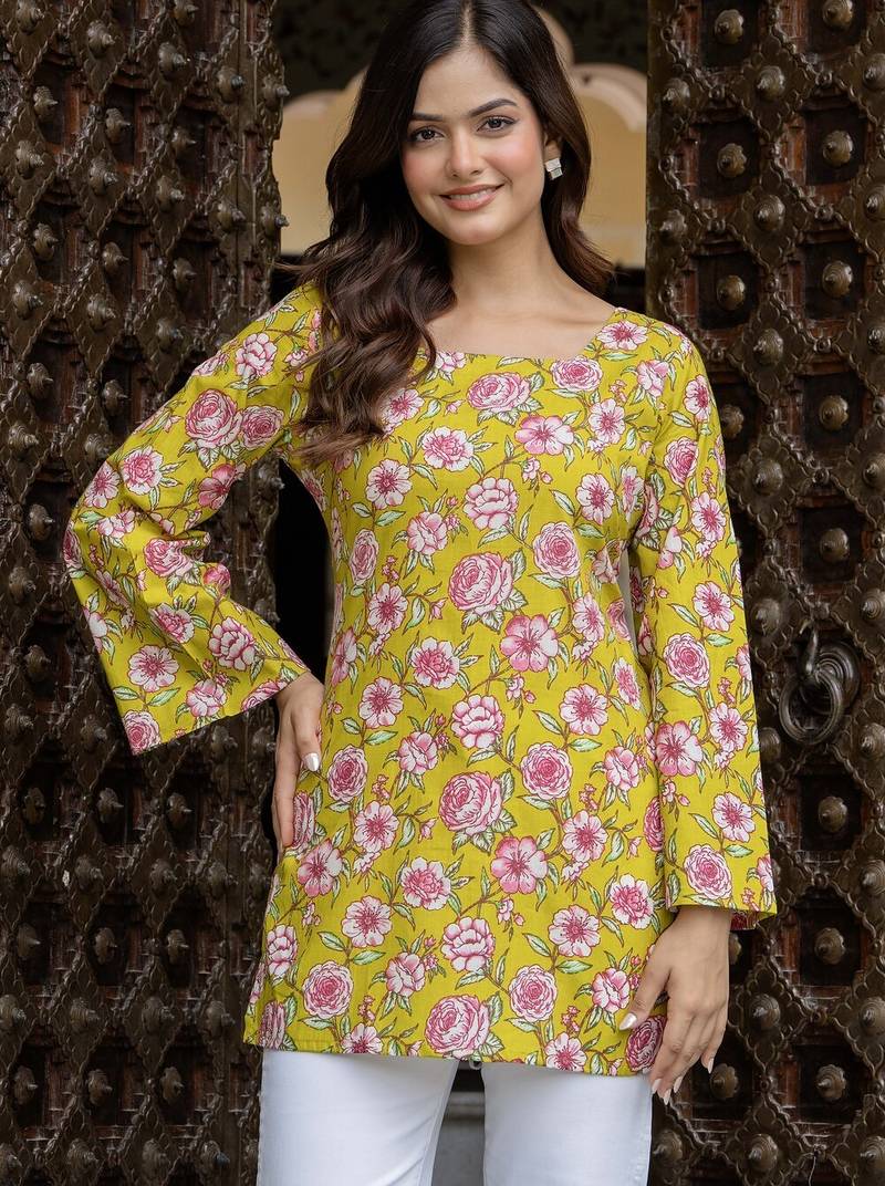Yellow floral printed cotton tunic short kurti top for women