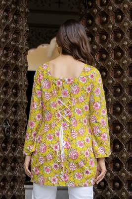 Yellow floral printed cotton tunic short kurti top for women 2