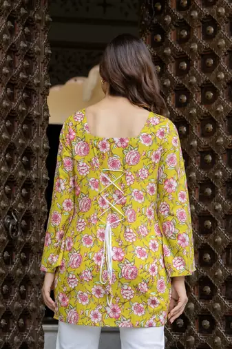 Yellow floral printed cotton tunic short kurti top for women