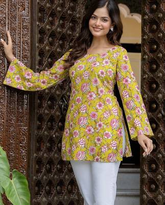 Yellow floral printed cotton tunic short kurti top for women 3