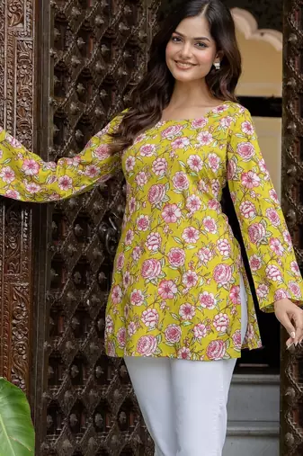 Yellow floral printed cotton tunic short kurti top for women