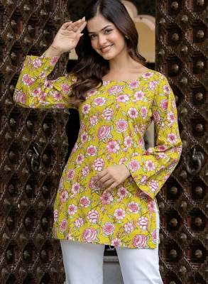 Yellow floral printed cotton tunic short kurti top for women 4