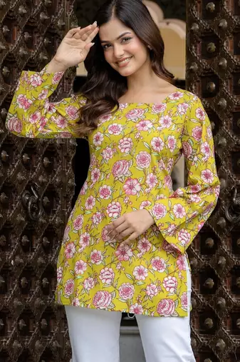 Yellow floral printed cotton tunic short kurti top for women