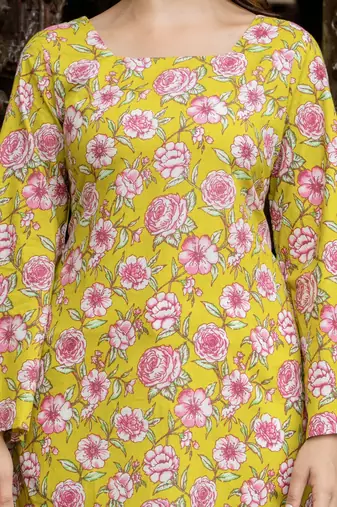 Yellow floral printed cotton tunic short kurti top for women