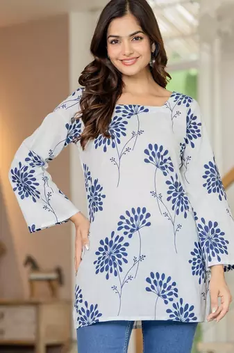 White floral printed cotton tunic short kurti top for women
