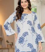 White floral printed cotton tunic short kurti top for women