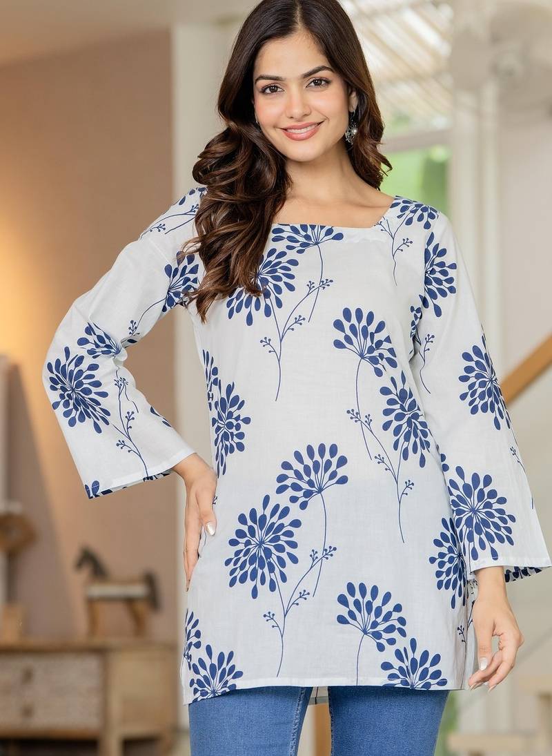 White floral printed cotton tunic short kurti top for women