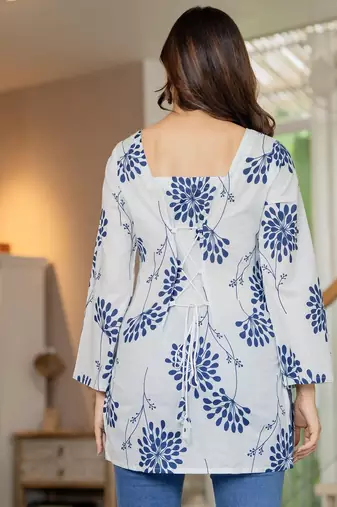 White floral printed cotton tunic short kurti top for women