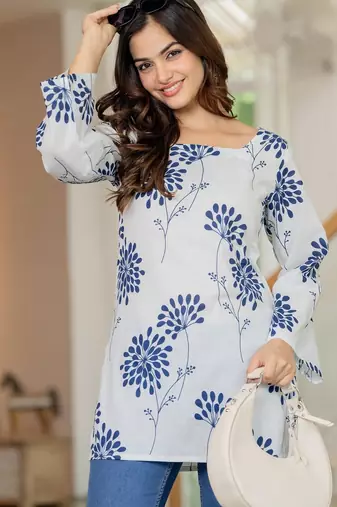 White floral printed cotton tunic short kurti top for women