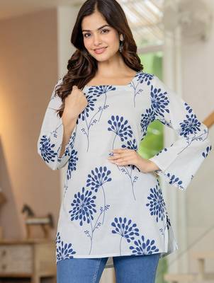 White floral printed cotton tunic short kurti top for women 5