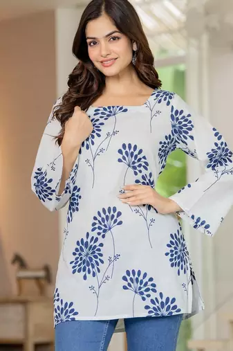 White floral printed cotton tunic short kurti top for women